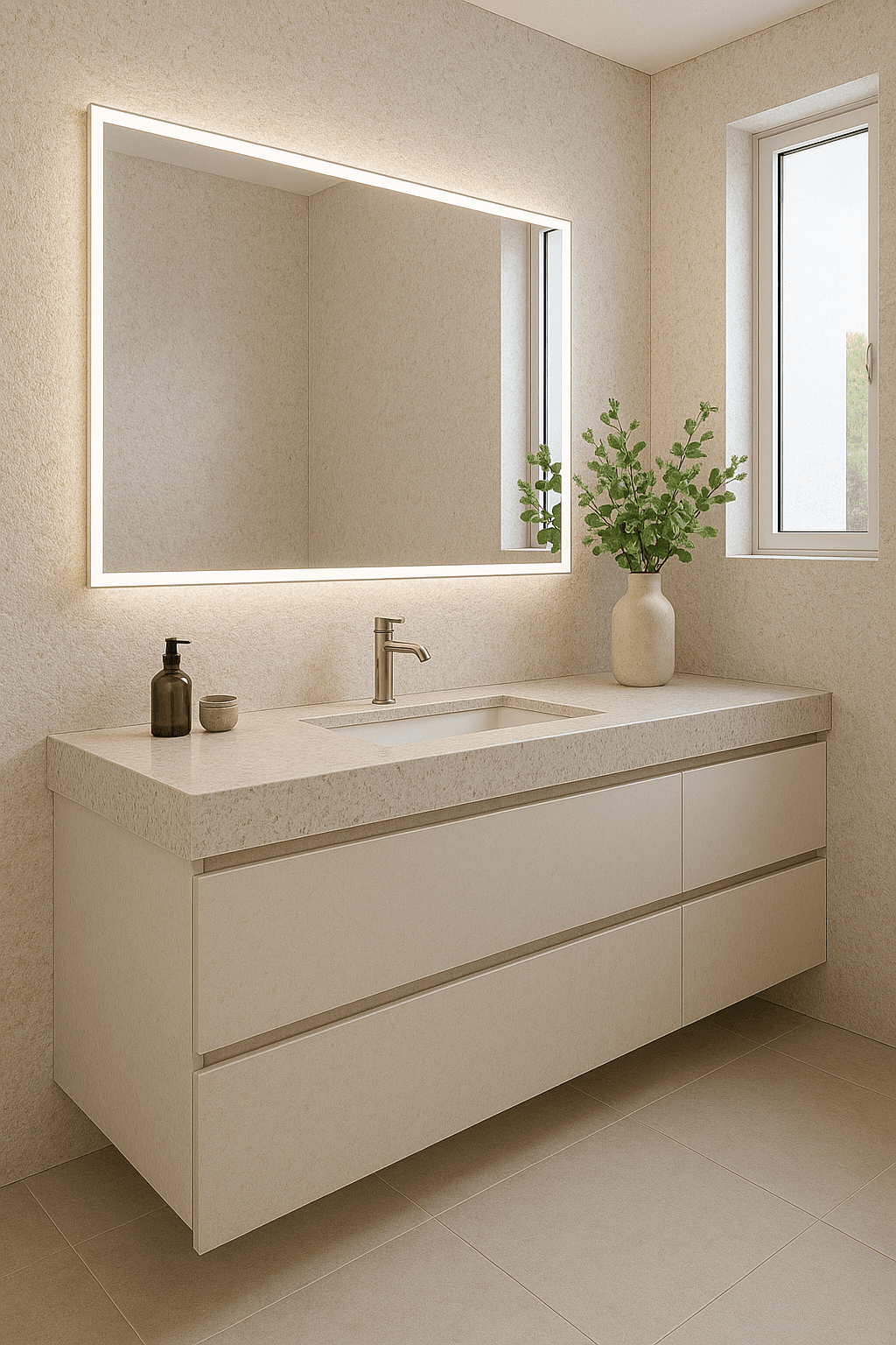 Baño minimalista con revestimiento de marmolita