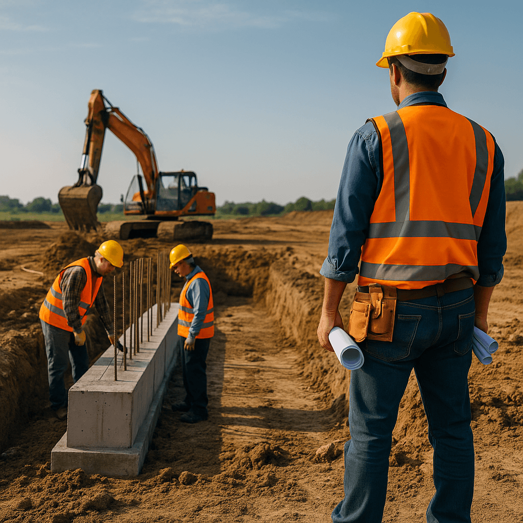 Obra civil en ejecución con estructura de hormigón y trabajadores