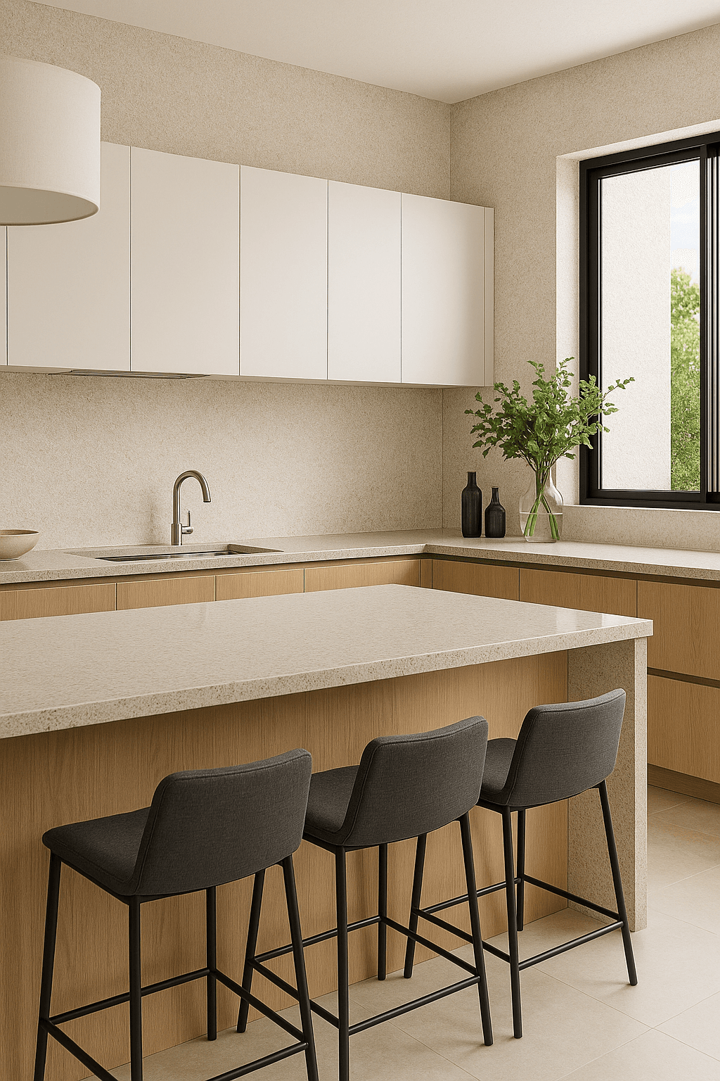 Cocina moderna con paredes de marmolita en tonos neutros