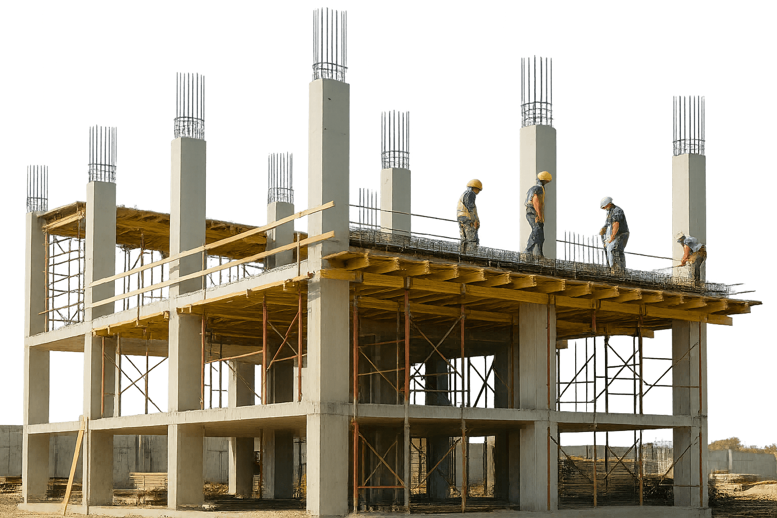 Equipo trabajando en obra con andamios y estructura en progreso